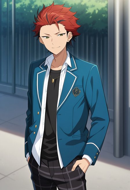 masterpiece,best quality,amazing quality, source_anime, 
kuroooky, 1boy, male focus, solo, green eyes, red hair, multicolored hair, jewelry, earrings, ear piercing, necklace, school uniform, black undershirt, white shirt, collared shirt, open shirt, jacket, blazer, blue jacket, open jacket, smile, pants, black pants, plaid pants,
outdoor,