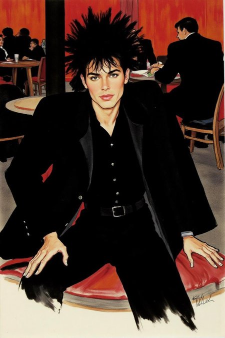 regr1 sketch of a black-haired man seated in a dimly-lit restaurant. He is dressed in a dark-colored jacket and pants, his hands resting on his lap. The man's face is adorned with a spiky haircut, adding a pop of color to the otherwise monochromatic scene. The restaurant is filled with people, their tables and chairs visible in the background.  <lora:regr1_fashion_nocap_d6a3:1.0><lora:807308115100845083:0>
