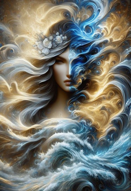 Highly detailed, left hand side white/right hand side water /blue/white/ waves flowing water,  highly cinematic, close-up image of a goddess of water, perfect composition, beautiful colours, water, flowing water ocean, cold colours, lots of details, water flowers, metallic ink, beautifully lit, a fine art painting by drew struzan and karol bak, gothic art, dark and mysterious, ilya kuvshinov, russ mills