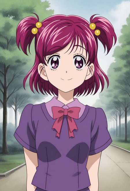 masterpiece_portrait, high quality, canvas, anime_art_style, 1girl, yumehara_nozomi, solo, hair_bobbles, two_side_up, smile,school_uniform,purple shirt, pink_eyes,short hair, hair_ornament, tree, bow, eyelashes, outdoors,purple shirt, frown, day,
