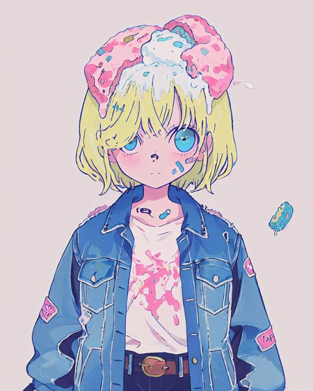 1girl, solo, pink background, blonde hair, food on head, object on head, upper body, bandaid, jacket, long sleeves, simple background, food, bangs, looking at viewer, short hair, blue eyes, belt, aqua eyes, +_+, off shoulder, hair over one eye, medium hair, hair ornament, blue jacket, shirt<lora:morning_glory:1>