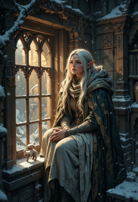 illustration, Beauty, Comic book style, grunge style, nightmare, mythp0rt, aidmaMJ6.1, play of shadow and light, 
"A lonely, fragile super cute elf (correct anatomy) full-length side view with white and silver hair in an intricate frosty outfit and a cloak with sparkling snowflakes sits on a snow-covered windowsill, looking longingly at the warm golden light inside, while soft, powdery snowflakes continue to fall gently around her, creating a serene, mystical atmosphere that sparkles with the whimsical style of Brian Froude, the graceful lines of Alan Lee, and the charming, fairy-tale qualities of Kinuko Yu :1.5; "