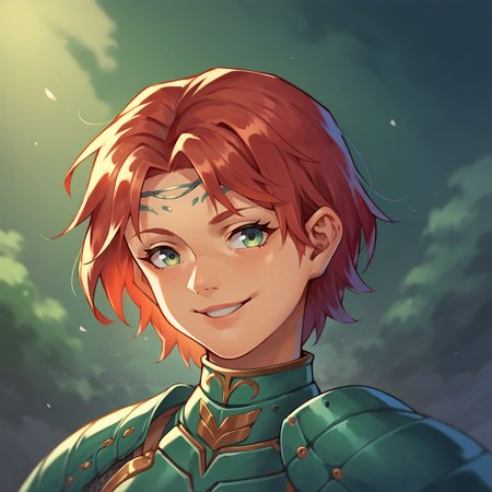 score_9, score_8_up, score_7_up, score_6_up, score_5_up, score_4_up,  <lora:Aelia_XL:1> Aeliavp, red hair, armor, portrait, circlet, smile