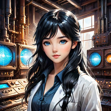 ink splashing,semi realistic, 2d game scene,oil and watercolor painting,
 <lora:fantasy_world:1>ï¼
flat color, (masterpiece:1.5), (best quality:1.5), amazing, beautiful detailed, extremely detailed wallpaper, extremely detailed CG unity 8k wallpaper, extremely delicate and beautiful, finely detailed, extremely detailed wallpaper, fantasy, official art, detailed background, (beautiful detailed shadow: 1.5, cinematic lighting, backlight), [((symmetrical geometry, science fiction: 1.5, vacuumpunk: 1.5, 1960s (style): 1.5, ArtDeco), (control room, nixie tubes: 1.8, machines, silver, metallochrome, wires, vacuum tubes, old computers, simple screens))::0.75], [((solo: 1.5), (1 girl), (teenage girl, cute, extremely detailed eyes and face, clear eyes, clear face, black long hair,blue eyes, white lab coat: 1.5, hands in pocket: 1.5, black shirt: 1.5, black trousers, looking at viewer, light smile: 1.3, cropped torso: 1.8, medium close up: 1.5, waist shot: 1.5), depth of field): 0.25]