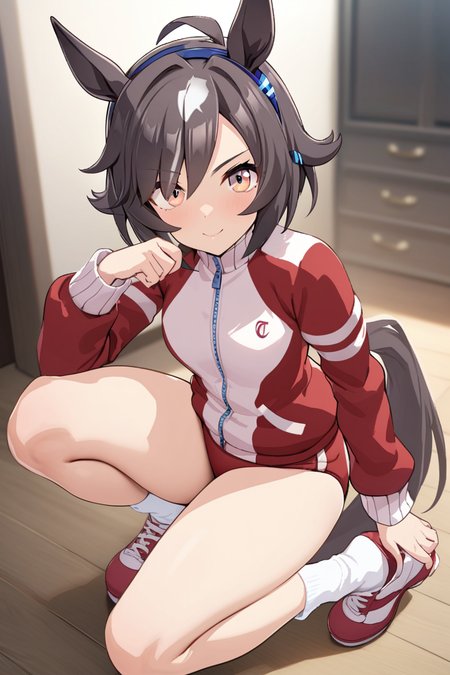 masterpiece, best quality,
believe \(umamusume\),1girl, horse ears, horse tail, track jacket, full body, tracen training uniform, buruma, ahoge, sneakers, short hair, looking at viewer, red buruma, shoes, red jacket, smile, long sleeves, ear covers, hairband, white socks, uncle socks, red footwear, socks
 <lora:SDXL_believe_v1.0:0.6>