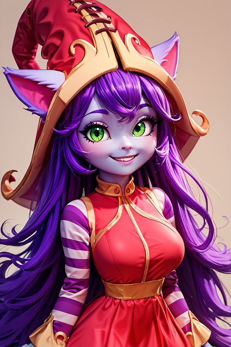 score_9, score_8_up, score_8, (big breasts), (curvy), cute, eyelashes,       BREAK, ,  <lora:LuluLeagueoflegendsPDXL:0.8>, zzLulu, long hair, bangs, animal ears, green eyes, purple hair, colored skin, purple skin, long sleeves, hat, dress, red dress, red headwear, ears through headwear, striped sleeves, yordle,, BREAK, smile, looking at viewer, cowboy shot, embedding:zPDXL, Expressiveh, <lora:BeautifulCAT_PDXL:1.0>,  <lora:SDXLFaeTastic2400:0.5>,  <lora:Expressive_H-000001:0.4>,
