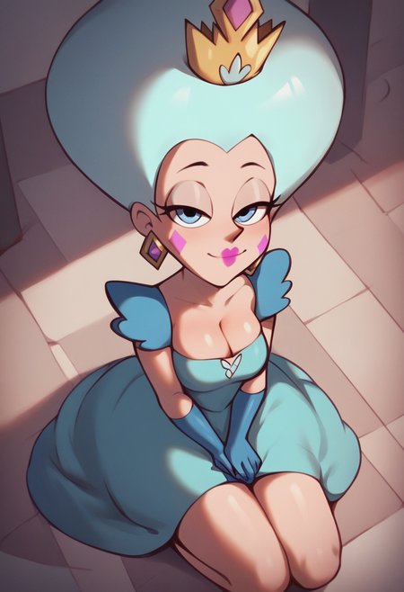 source_cartoon, score_9, score_8_up, score_7_up, mature_female, queen_moon_butterfly, blue_dress, crown, looking_at_viewer, perfect eyes, flat_color, Kneeling with hands resting on lap, from above, cropped arms, rating_safe, <lora:sdxl\pony diffusion\characters\queen_moon_butterfly_pony:1.0>