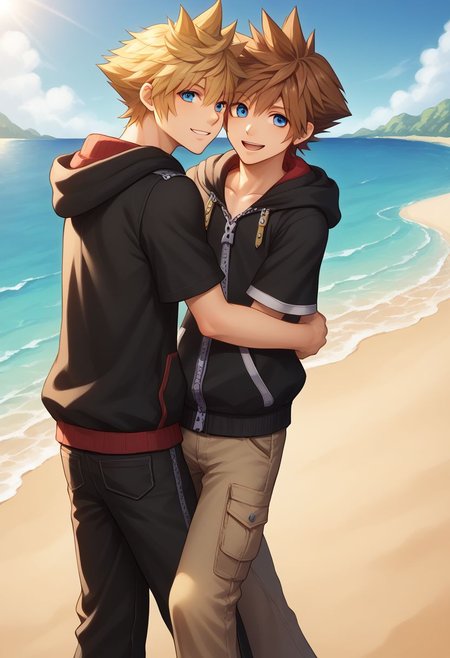 score_9, score_8_up, source_anime, highly detailed, 2boys,
sora, spiked hair, male focus, 1boy, brown hair, blue eyes, zipper, hoodie, BREAK
roxas, 1boy, zipper, male focus, spiked hair, blue eyes, blonde hair, pants, short sleeves, zipper pull tab, 
indoor, outdoor, beach, bare foot, hug, smile,