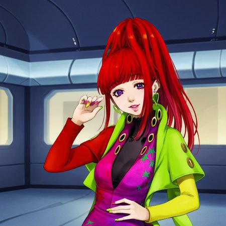 best quality, masterpiece, official artwork, 1girl, solo, sq,  red hair, jewelry, earrings, purple eyes, lips, nail polish, makeup, long hair, ponytail, jacket, dress, spaceship room background, flashy, social, flirty face, flirty pose