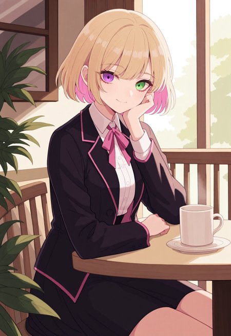 solo, detailed,  melancholic, 

cafe, morning, 

sitting, smiling, mug, dish, 

1girl, heterochromia, green right eye, purple left eye, blonde short hair, pink inner hair, pink neck ribbon, white blouse, black blazer, pink trim blazer, dark skirt, 

masterpiece, best quality,  very aesthetic, absurdres, 
