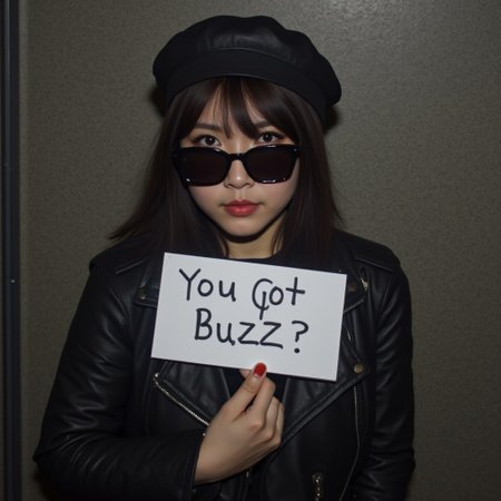 1girl, asian,  beret hat, black leather jacket, low lighting, black sunglasses, amateurish photo, holding a sign with one hand that reads "You got buzz?", overexposed,smeared background