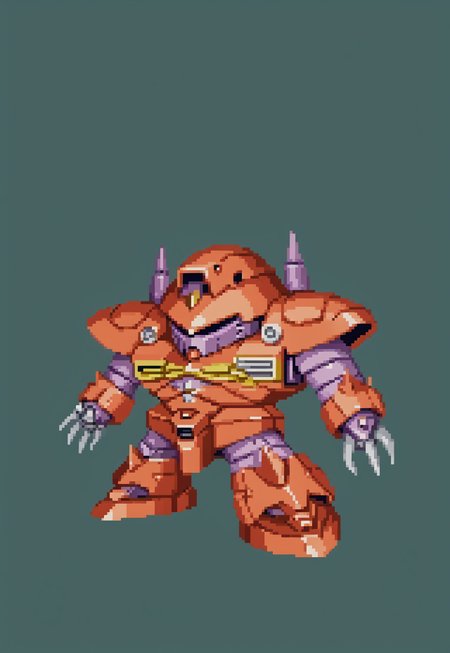 (full body view), (masterpiece), (ultra detailed), best quality, zgok, red_zgok_armor, robot, no humans, mecha, chibi, green background, simple background, SRWFStyle