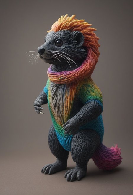 a cute chibby skunk with big rainbow eyes made out of clay, it wears a cool rainbow bandana, very detailed, 4k, sharp, eating rainbow worms, novuschroma51 style