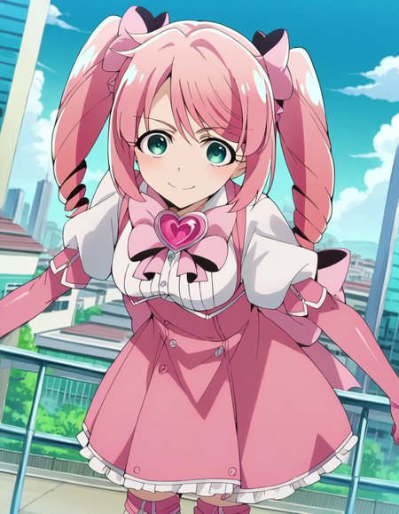 score_9, score_8_up, score_7_up, source_anime,
harukahanabishi, <lora:haruka-hanabishi-ponyxl-lora-nochekaiser:1>
haruka hanabishi, twintails, green eyes, pink hair,
thighhighs, gloves, dress, bow, magical girl, pink gloves,
outdoors, cityscape, bent over, smile,
looking at viewer, dutch angle, cowboy shot