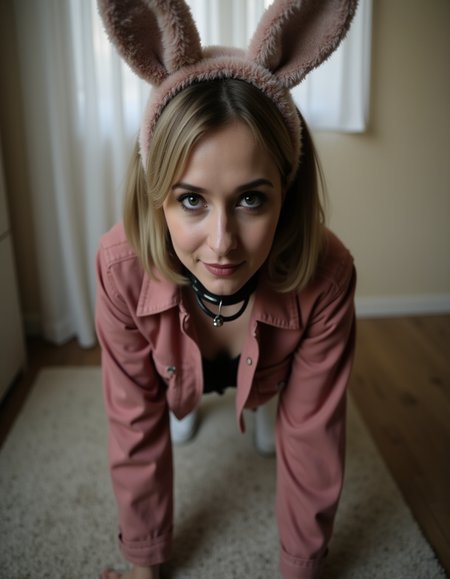 <lora:Pet Play (Flux):0.8>,a clothed woman indoors with animal ears on all fours wearing a collar,