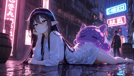 Medium long shot, barefoot, medium breasts, amazing quality, dark skin, HDR, long_nails, very aesthetic, elf, hanging breasts, ambient occlusion, Sleepy expression, Cool Tones, Lying on your stomach with feet playfully kicked up behind., absurdres, ultra-detailed, Chitoge Kirisaki (Nisekoi), nail_polish, motion_blur:1.1, absolutely eye-catching, Medical Ninja Field Hospital Attire - Practical medical wear designed for battlefield conditions., newest, 1girl, slime_(creature), best quality, depth of field, Rainy City Reflections, Abstract pattern of overlapping gears and cogs., Wet Pavement, Artfully tousled, Sunset ombré hair, blurry background, Neon Lights Reflecting, 2boys, tilt-shift photography, masterpiece, Urban Atmosphere, 8K, anime character, Indigo Theme, motion_lines:1.1, slime_(creature), long hair, Barrel Distortion
