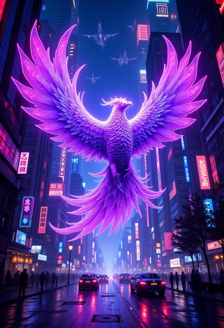 (cinematic keyframe:1.5), a thrilling movie poster, depicting a majestic purple phoenix in mid-flight, surrounded by swirling AI-coded clouds, with hints of electric blue and neon pink undertones, set against a dystopian futuristic cyberpunk cityscape at night. Neon-lit skyscrapers, holographic advertisements, and bustling streets filled with flying cars and pedestrians create a dense, atmospheric backdrop. The composition exudes a cinematic, film-noir feel, with shallow depth of field, bokeh, and vignette effects. Inspired by the conceptual works of Maciej Kuciara, Jama Jurabaev, and Wojtek Fus, this poster embodies a rich, cinematic color grading, reminiscent of Kodak Porta 400 and Cinestill 800 film stocks, captured through the lens of a Leica M10, with a filmic, high-contrast finish. (cinematic concept), (by maciej kuciara:1.2), (by jama jurabaev:1.2), (by wojtek fus), cinematic color grading, cinematic lighting, (shallow depth of field), vignette, bokeh, kodak porta 400, cinestill 800, leica m10, (filmic), cyberpunk, neon cityscape.
<lora:add-detail-xl:0.35> <lora:MJ52:0.18> <lora:ral-anmwrlds-sdxl:0.3> ral-anmwrlds <lora:ral-porcelain:0.4> ral-porcelain <lora:ral-cltc:0.1> ral-cltc <lora:ral-dissolve:0.25> ral-dissolve <lora:zavy-mthcl-sdxl:0.2> <lora:SDXLFaeTastic2400:0.2>  <lora:WildcardX-XL-Detail-Enhancer:0.5>