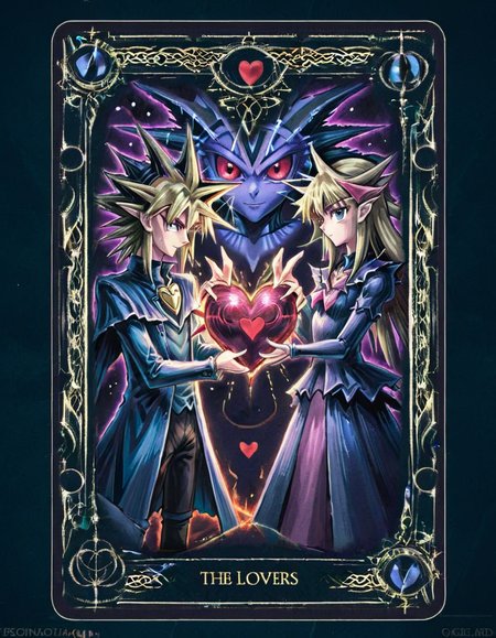 Yugi and his Dark Magician are depicted as 'The Lovers,' representing partnership and duality. They stand together, holding a heart-shaped duel monster card, a symbol of their unity and the choices that come with it<lora:edrtcard:0.7>