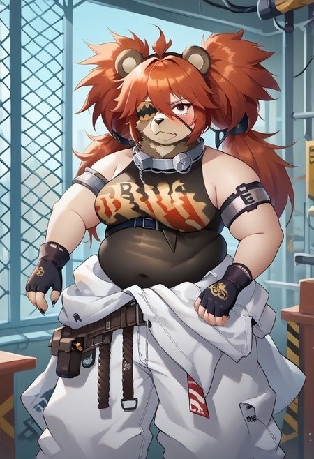 score_9, score_8_up, 1girl, solo, indoors, Laboratory background, Lab gear,  koleda belobog transforming into Ben bigger, 
 Koleda_Belobog, red_eyes, white_pupils, red_hair, long_hair, ahoge, two_side_up, twintails, small_breasts, bear_ears, fake_animal_ears, eyepatch, hair_ornament, metal_collar, armlet, crop_top, flame_print, bare_shoulders, sleeveless, white_pants, jacket_around_waist, white_jacket, black_gloves, single_elbow_glove, fingerless_gloves, belt, belt_pouch,  plump, bbw, upset face, scared face,blushing, 
transformation, 
Bear, anthro bear,Ben Bigger,Scar on Eye