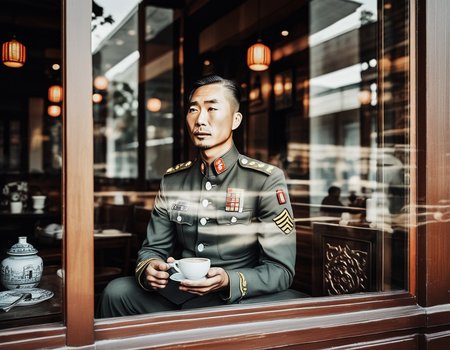 sunlight,A photorealistic image of a man in a well-detailed military uniform sitting in front of a large glass window. The man should be holding a cup of coffee, and his facial expression should be clearly visible, conveying a sense of calm or contemplation. The glass window should reflect traditional Chinese architecture, such as pagodas or ornate wooden structures, in a subtle yet noticeable manner. The lighting should be soft but sufficient to highlight the details on the man's face and uniform. The setting should be serene, perhaps with a touch of modern interior design elements to contrast with the traditional architecture reflected in the window,<lora:windowsback2:0.65>