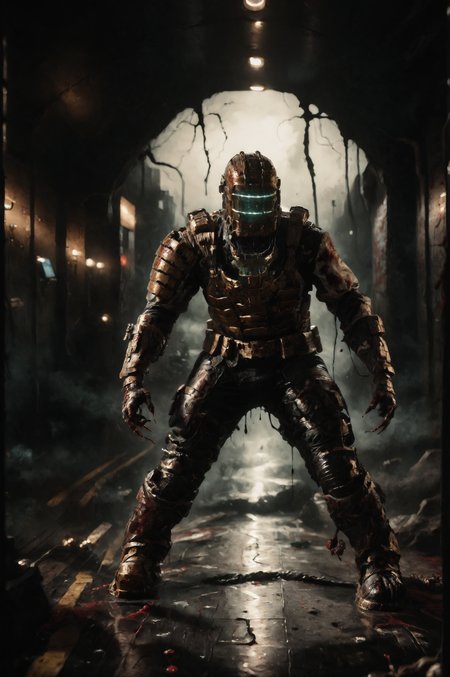 score_9, score_8_up, score_7_up, rating_questionable, horror \(theme\), science fiction, BREAK <lora:s1m13073PNYXL_V00:0.4>  <lora:Isaac_Clarke__Dead_Space__PonyXL:0.95> 1boy, isaac_clarke dead space, s1m13073, armor, helmet, gloves, boots, , (black goo, claws:1.2), full body, (dynamic pose:0.3), spacecraft interior, creepy and eerie hallway, blood on wall, blood on floor, blood on clothes, ((fog, smoke)), depth of field, lights off, dynamic lights, <lora:Sinfully_Stylish_dramitic_bold_lighting:0.75>