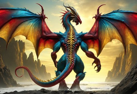 awesome quality, dynamic,DonMDr4g0nXL dragon from behind,wings attached to back, mustardyellow rocky time, bluish-red tidal kinetic  <lora:myLora\DonMDr4g0nXL-v2rb:1>,