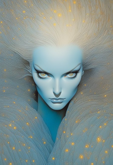 artwork  by Moebius (Jean Giraud) Style page, Artwork painting watercolor and pen, there is a woman with long hair, naoto hattori, mark brooks and brad kunkle, style of aesthetic, comic book artwork portrait of a young woman 20yo, she has a striking light gray eyes, long eyelashes and well-defined eyebrows, catchlights, portrait masterpiece, perfect beautiful face , (light freckles:0.3) , sparkling eyes, sad expression, intimate and engaging portrait with a sense of mystery, ethereal abstractions, background is minimalist, duo-toned color graded, finely detailed, beautiful cleavage, simmetry, high budget, sharp focus, intricate fractal details, analog drawing , <lora:MoebiousXL:1>,  <lora:OverallDetailXL:1> OverallDetailXL,  <lora:sdxl:1>