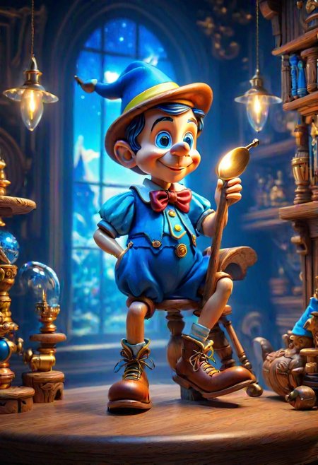 Portrait of Pinocchio, a magic doll created by the old woodcarver Geppetto. 
 Pinocchio came to life thanks to the magic of the Blue Fairy and went in search of his father. Masterpiece, trending on artstation, bright colors, magnificent composition, dynamic lighting, splash of art, ultra-high detail, highly detailed, complex, intricate pose, clarity, high quality, clear focus, elegant extremely detailed award-winning photography, very attractive 8k dynamic lighting, fantastic view, award-winning, high resolution 4K 3D, clear HDR quality, aesthetically perfect facial features, double exposure, high-octane rendering "` Impeccable sublime style, design and decorations v 5.2 The face is always cute and attractive