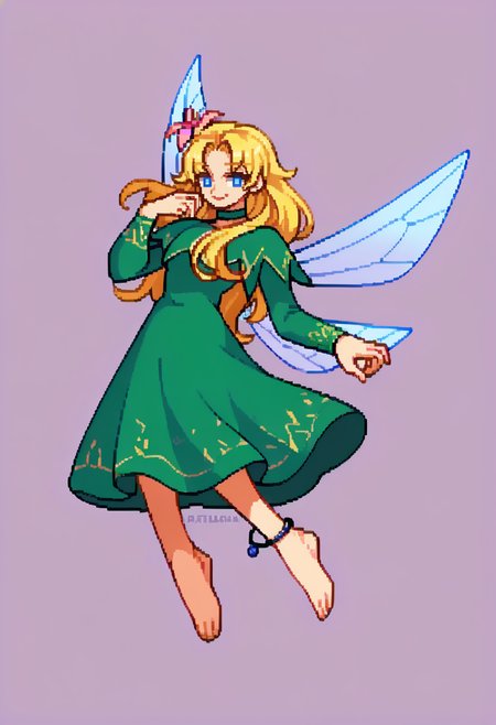 score_9, score_8_up, score_7_up, source_anime, BREAK solo, 1girl, <lora:Titania-pdxl_Fp:1>, titaniasmt, blue eyes, blonde hair, long hair, hair flower, fairy wings, green dress, choker, smile, anklet, <lora:CPS2-pdxl_Fp:1>, full body, simple background, looking at viewer, pixel art, floating,