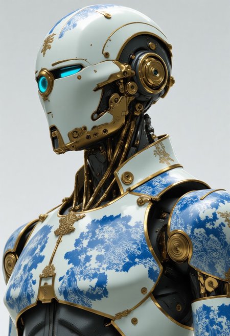 futuristic humanoid robot, depicted from the chest up. The robot's design fuses high-tech construction with classical artistry, featuring a smooth, porcelain-like exoskeleton adorned with intricate cobalt blue patterns. These swirling floral and cloud motifs, inspired by traditional Chinese ceramics, elegantly cover its torso and arms, giving the figure a timeless, refined aesthetic.
Gold accents frame the designadelicate trim along the edges of the armor and a finely detailed, filigree chest plate and shoulder pads that enhance its regal appearance. The robotas head is a pristine, glazed white dome with a single, circular blue visor near the top, subtly glowing. Its helmet is sleek and minimalist, reflecting light like polished porcelain, evoking both advanced technology and ancient craftsmanship in perfect harmony. Neon blue lighting.