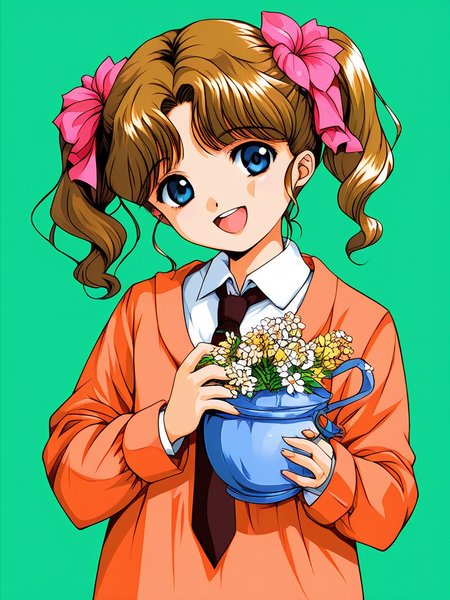 score_9, score_8_up, score_7_up, source_anime, rating_explicit, BREAK  <lora:Tsuchiya_Yuki_XL:1>ãTsuchiyaYuki, 1girl, solo, twintails, smile, open mouth, simple background, green background, ribbon, flower, short hair, necktie, long sleeves, looking at viewer, hair ribbon, short twintails, child