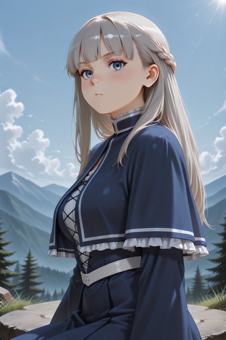masterpiece, best quality, amazing quality, 1girl, solo, makeup, from side, general, looking at viewer, blush, cowboy shot, sunlight, nature, grass, sky, cloud, pout, sit on stone, sitting, serious, (day), <lora:sousou_no_frieren_lawine:1>, sousou_no_frieren_lawine, long hair, straight hair, grey hair, blunt bangs, blue eyes, breasts, long sleeves, wide sleeves, frilled sleeves, blue dress, frilled dress, blue capelet, frilled capelet, french braid, cross-laced clothes, white belt, <lora:wai-2Rectified-V140:1>, <lora:Illustrious_-_Refiner:1>