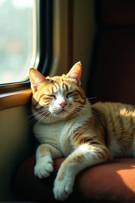 Japanese Culture Style, Emotional Photos, 35mm film, soft focus, Japanese cat sleeping on a train seat, Warm atmosphereâââ