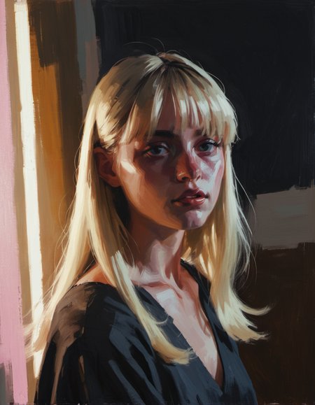 cinematic lighting, surreal painting, blonde with bangs, VSCO model posing, <lora:DiscoDeliriumXL-v1.2:1>