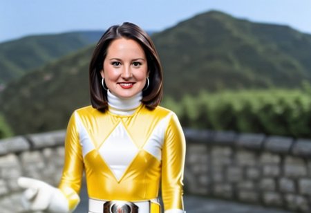 female yellow power ranger Britney, side-parting voluminous straight shoulder-length brunette bob hair, alone, helmetless, uniform, white turtleneck collar, white gloves belt, smiling, mouth closed, mouth shut, stood on Great-Wall-of-China, selfie, hyperdetailed photography