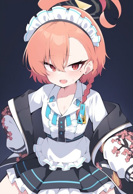 Neru_(Blue_Archive), red_eyes, orange_hair, ahoge, short_hair, hair_between_eyes, mole_under_eye, single_braid, small_breasts, halo, black_jacket, white_jacket, off_shoulder, maid_headress, buttons, white_shirt, center_frills, frills, collared_shirt, sleeves_past_wrists, black_skirt, frilled_skirt