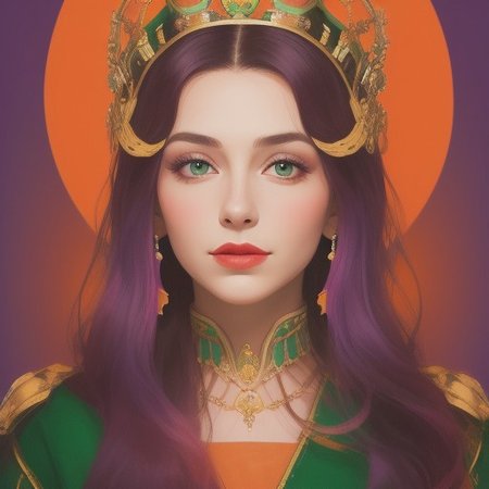 Portrait of a beautiful Queen.
Orange, red, green,  purple colors only.