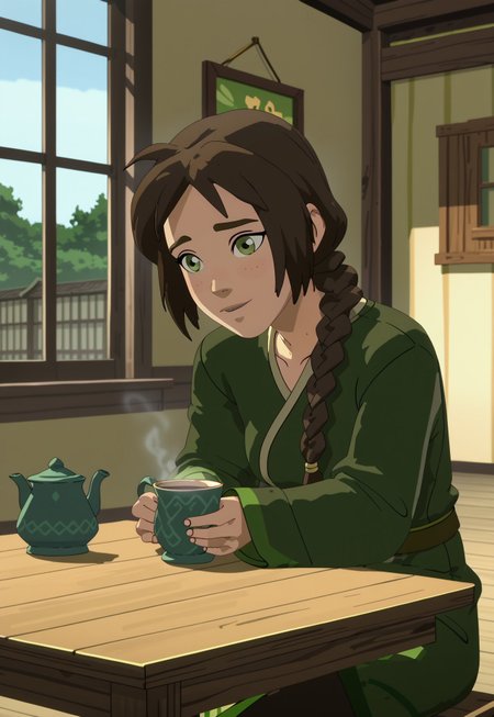 Score_9, Score_8, Score_7, TDPStyle, Jin, Double Braid, Green Robe, Sitting at Table, Tea House, Wooden Table, 