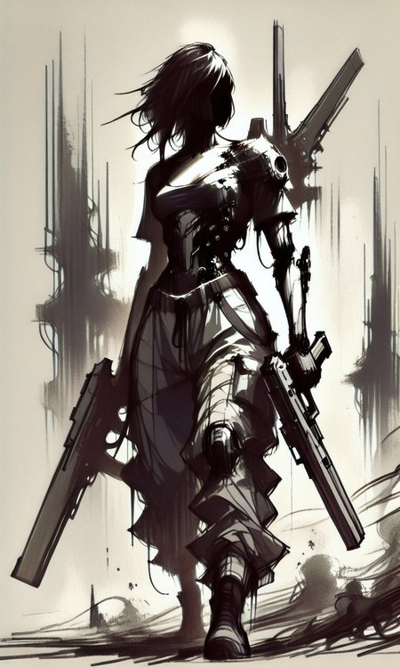 monochrome, sketch,  triangular wielding a large gun set against a dark smoky background, <lora:- iLL - the_edgy_mech_V2.0-step000013500:.6>, <lora:Far_Future_Sketch_Illustrious__Pony:1> <lora:Far_Future_Sketch:0.8>