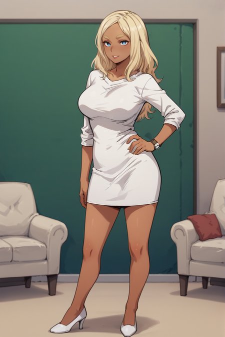 score_9, score_8_up, score_7_up, score_6_up, score_5_up, score_4_up, BREAK source_anime, 1girl, solo,
<lora:MerylXL-v1-07:0.7>, ChopioMeryl, dark-skinned female, long hair, blonde hair, thick eyebrows, blue eyes, looking at viewer,
large breasts,
outfit_1, white dress, short dress, sweater dress, sleeves pushed up, wristwatch, high heels, white footwear,
living room, standing, seductive smile, hand on own hip, parted lips, contrapposto, cowboy shot,