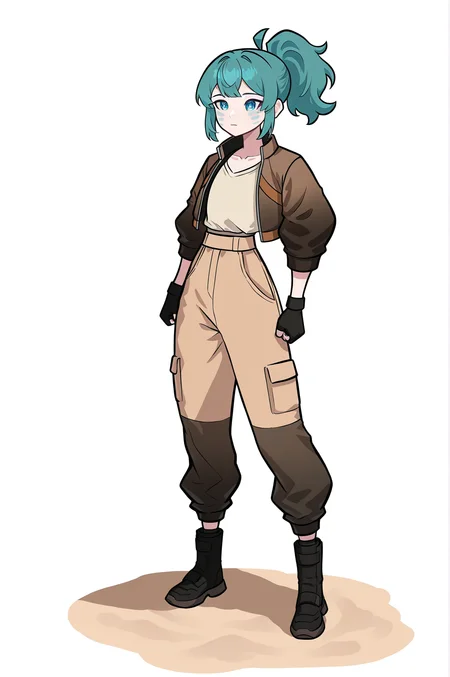 1girl, solo, LennaOC, teal hair, cyan cheek marks, sweeping bangs, ponytail, flat chested,
beige lightweight long-sleeve shirt, sleeves rolled, dark brown cropped field jacket, short collar, loose sand-tone urban cargo pants, stitched reinforced knees, rugged black low boots, light cloth neck gaiter, fingerless gloves
masterpiece, best quality, newest, absurdres, highres, sensitive,  <lora:LennaILXL:1>