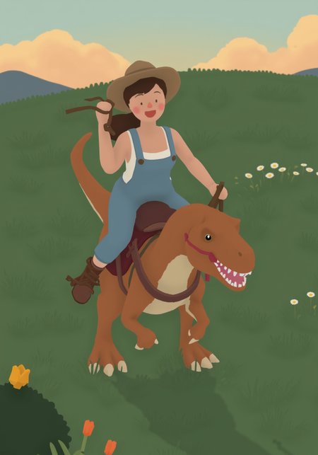 overhead perspective g00se art with smooth textureless style with muted pastel palette of, early 20's female riding a vicious velociraptor wearing a white tank top and overalls, wearing a cowboy hat and holding it firmly on her head, hair blowing in the wind, laughing with joy, holding reigns, on a beautiful field with rolling grassy hills at dusk, light brown ponytail with long bangs, pretty face with freckles and green eyes, velociraptor wearing a saddle with it's claws outstreched, baring its fangs at viewer, long tail an vicious claws<lora:g00se.safetensors:1.0:1.0>