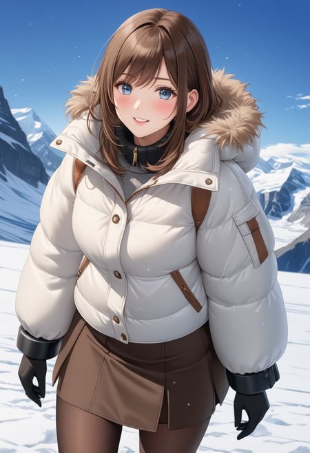 ((((white Oversized shearling down jacket)))), ((((white Oversized shearling puffer jacket)))), ((((white Oversized shearling winter clothes)))), ((((very very cold, in cold)))), ((((semi-realistic)))), ((((feet out of frame)))), ((((puffer hood)))), ((medium knee office skirt, pantyhose, boots)))), ((sharp eyelid, eyeliner, eyelashes, beautiful detailed eyes, tsurime, long messy brown hair, blue eyes, perfect anatomy)), smile, standing, icefield, ((((masterpiece)))), ((((best quality)))), ((intricate details)), RAW, 8K UHD, (1girl), office lady, detailed face, beautiful face, charming, bonny, (((blush))), (((heavy breathing))), (((feels orgasm))), wind, (Thick padded collar:1.4), (TSH:1.4), (Thick padded cuffs:1.4)
