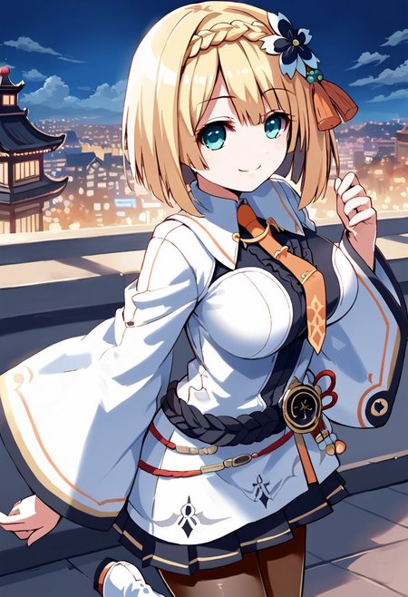 source_anime, score_9,score_8_up, score_7_up,score_6_up, 
1girl, 
mikurikirigakure, blonde hair, short hair, braid, big breasts, civilclothes, white shirt, long sleeves, wide sleeves, civil_hair_ornament, necktie, belt, black skirt, pantyhose, white shoes, 
dynamic pose, cowboy shot, smile, 
city,