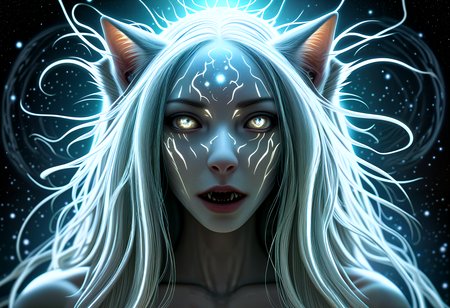 MHXL, A cosmic horror entity, its vast consciousness spanning galaxies, psychically dominating entire civilizations with a mere thought, planets populated by its mind-enslaved thralls, hyper-minimalist, extremely intricate, fantasy, Volumetric Lighting, Best Shadows, Shallow Depth of Field, Portrait, Delicate , Neko. Long, straight silver hair with cat ears, Surprise, astonishment, shock, amazement, Raise the eyebrows, widen the eyes, and open the mouth in an 'O' shape, Elongated fungal structures