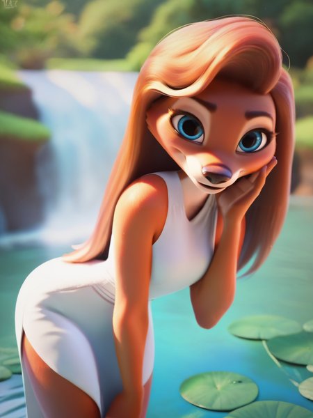 score_9, score_8_up, score_7_up, score_6_up,  Furry fox girl swimming on a lake next to a waterfall, (white dress), leaning forward, cute pose,  smile, blue eyes, red long hair,  looking at viewer, cute, cartoon, detailed landscape, cowboy shot,
 <lora:DisneyStudios_style:1> DisneyStyleXLP