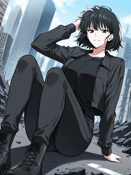 <lora:Omniscient Reader's Viewpoint _ Han Sooyoung_epoch_7:1>
1 girl, solo, short hair, messy hair, black hair, black eyes, 
black jacket, black t-shirt, black skinny pants, black combat boots, all black outfit,
score_9, score_8_up, score_7_up, very aesthetic, source_anime, detailed, high quality, beautiful, masterpiece, detailed eyes, blurry background, cityscape, destroyed city, pose dynamic angle, light smile, open mouth, hand on hair, sitting
