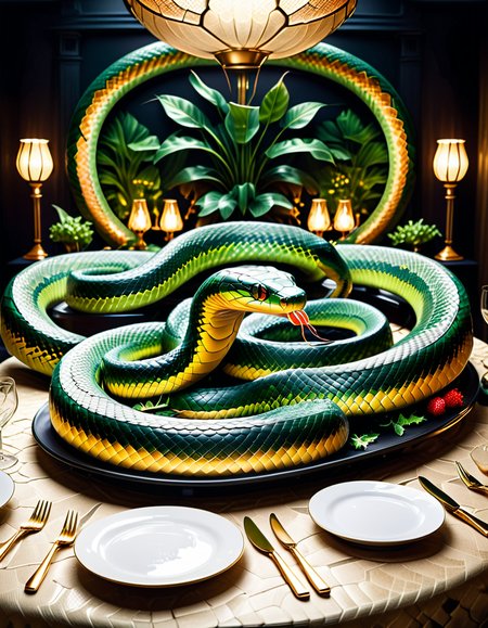 "An immersive banquet table covered with synthetic snake-scale tablecloth, plates and cutlery resembling organic, subtly moving snake forms, surreal dishes designed to look like serpentine shapes, blending grotesque and appetizing, hyperrealistic textures and details, eerie yet elegant atmosphere with dramatic lighting, provoking reflection on food and nature, mysterious and philosophical vibe." <lora:SDXLFaeTastic2400:0.4> <lora:extremely_detailed:0.4> extremely detailed, <lora:sn4ke:1>,sn4ke, Masterpiece,best quality,hi res,8k,hi res,8k,award winning,(sharp focus, intricate, highly detailed),