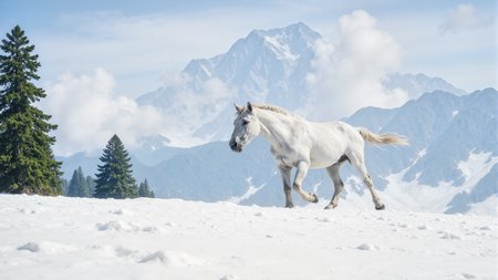 A white horses running through snowy mountains in winter,mid-range shot,realistic photography style. Sunlight shines on the snow-covered ground,with snowflakes kicked up by its hooves. The background features rolling snow-covered mountains and sparse pine trees,with crisp details and a cool color palette to emphasize the cold atmosphere.,<lora:kmountains-01:0.8>,kmountains,