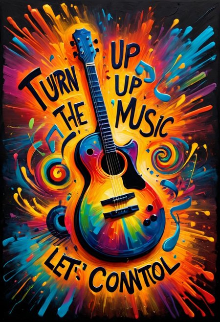 zavy-rghpnt, Letterism, "Turn up the music, let's lose control.", Hopeful, F/14, triadic colors, stunning, epic, intense, highly detailed, warm light, imposing, confident, beautiful composition, cool colors, dynamic dramatic beautiful full taking, ambient background, deep rich colors
